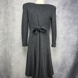 Vintage Kuni Dress Womens 14 Petite Gray Knit Fit & Flare Sweater Midi Bow USA